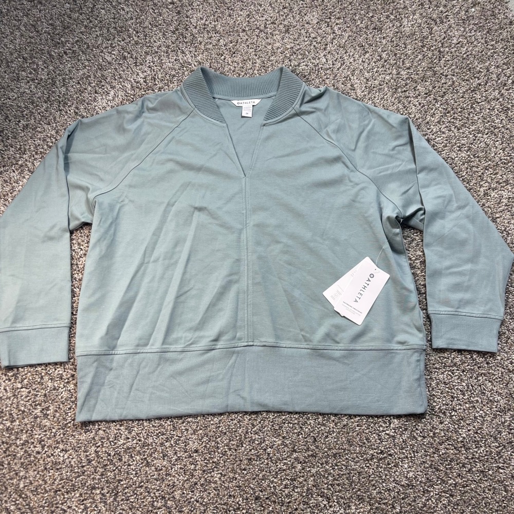 Athleta Womens 2X Eastbound Sweatshirt Sage Green Notched V-Neck Pullover Raglan